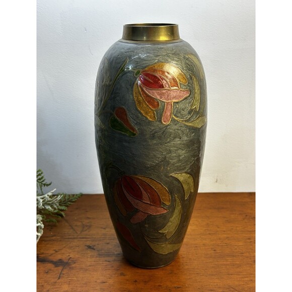 Large Vintage Brass & Enamel Cloisonné Painted Vase Pink Floral 11.5” Tall READ - Picture 1 of 9